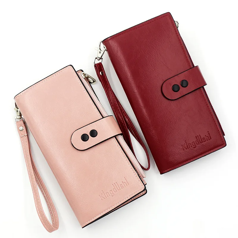 

New Women's Long Solid Color Simple Oil Wax Leather Zipper Wallet Card Bag Handbag Women's