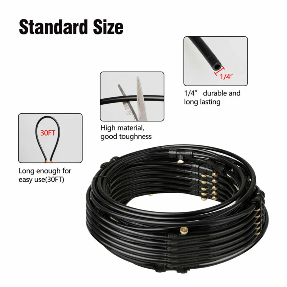 Garden End Cap Nozzles Set Spring Clips Irrigation Black Landscaping Greenhouse 9M 30FT Misting Cooling System