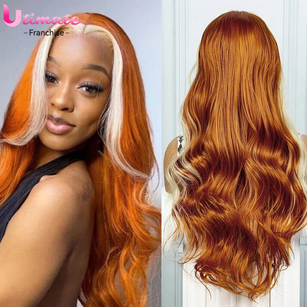 Orange Synthetic Hair Wig 613 Highlight Lace Front with Middle Part 28 Inch Body Wave Hair Wig for Women  Transparent Lace