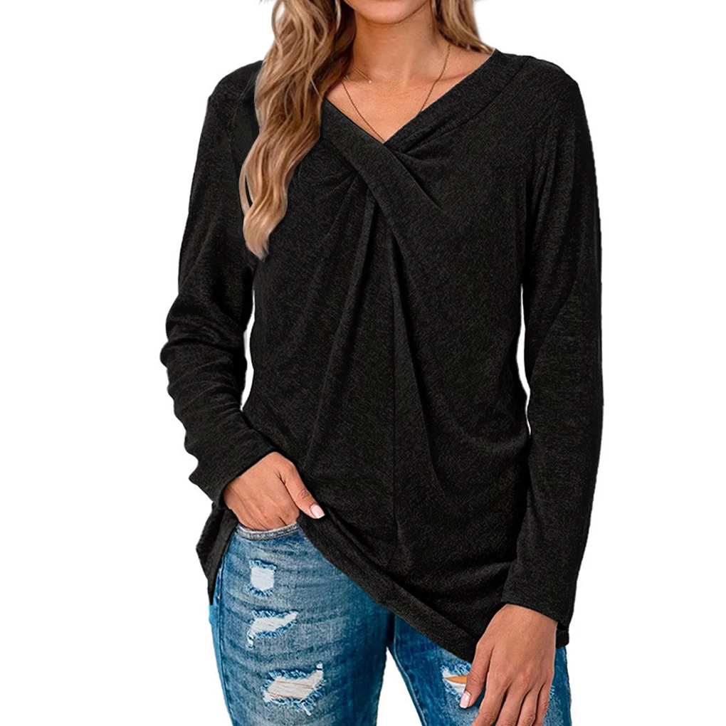 T-shirt da donna con scollo a V, manica lunga, camicetta tinta unita, verde scuro, XL