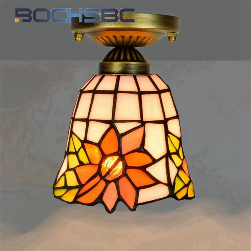 

BOCHSBC Tiffany style stained glass 6 inch Garden sunflower chandelier ceiling light for bedroom aisle hallway balcony decor