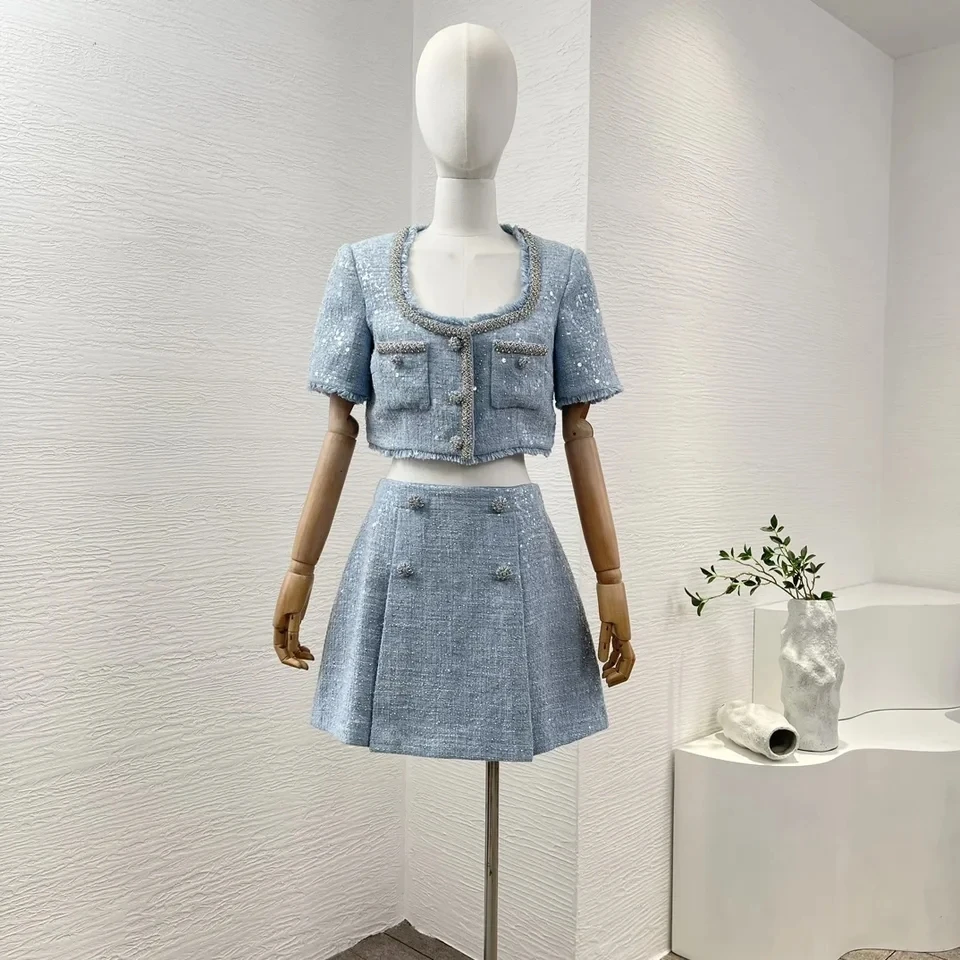 High Quality New Women Mist Blue Glitter Sequin Diamond Chain Edge Boucle Jacket and Mini Skirt Set