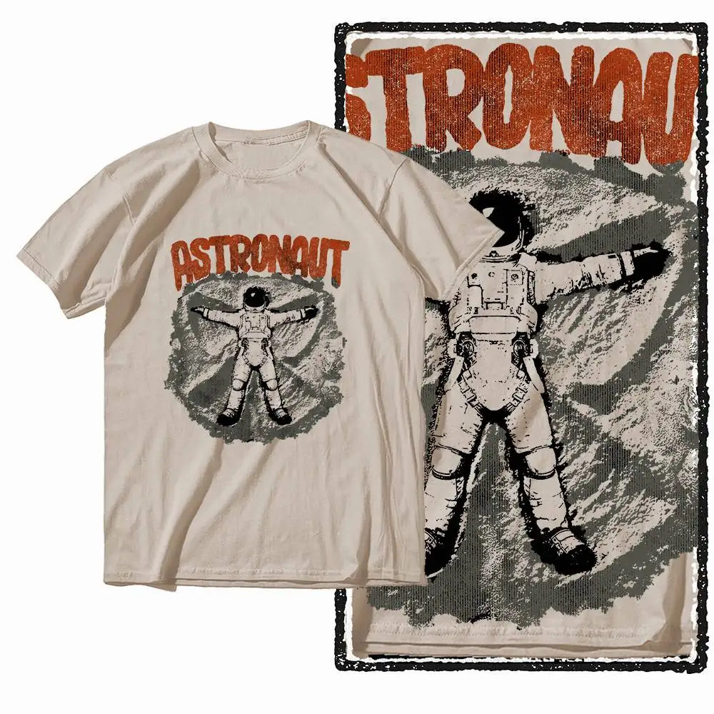 G37 Beige Big Size Herren-T-Shirt aus 100 % Baumwolle mit Weltraumdruck |    Streetwear Cooles Vintage O-Ausschnitt Herren T-Shirt