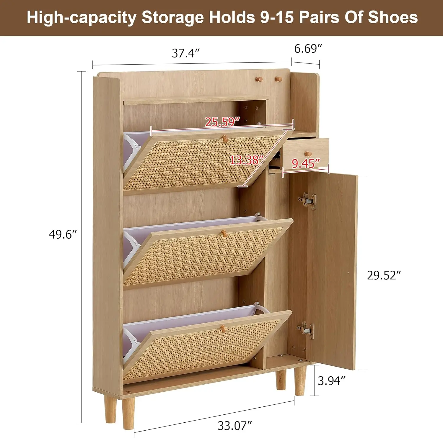 Freestanding Shoe Cabinet with 3 Flip Drawers and Door, Modern Rattan Shoe Storage Organizer, Small Household Furniture