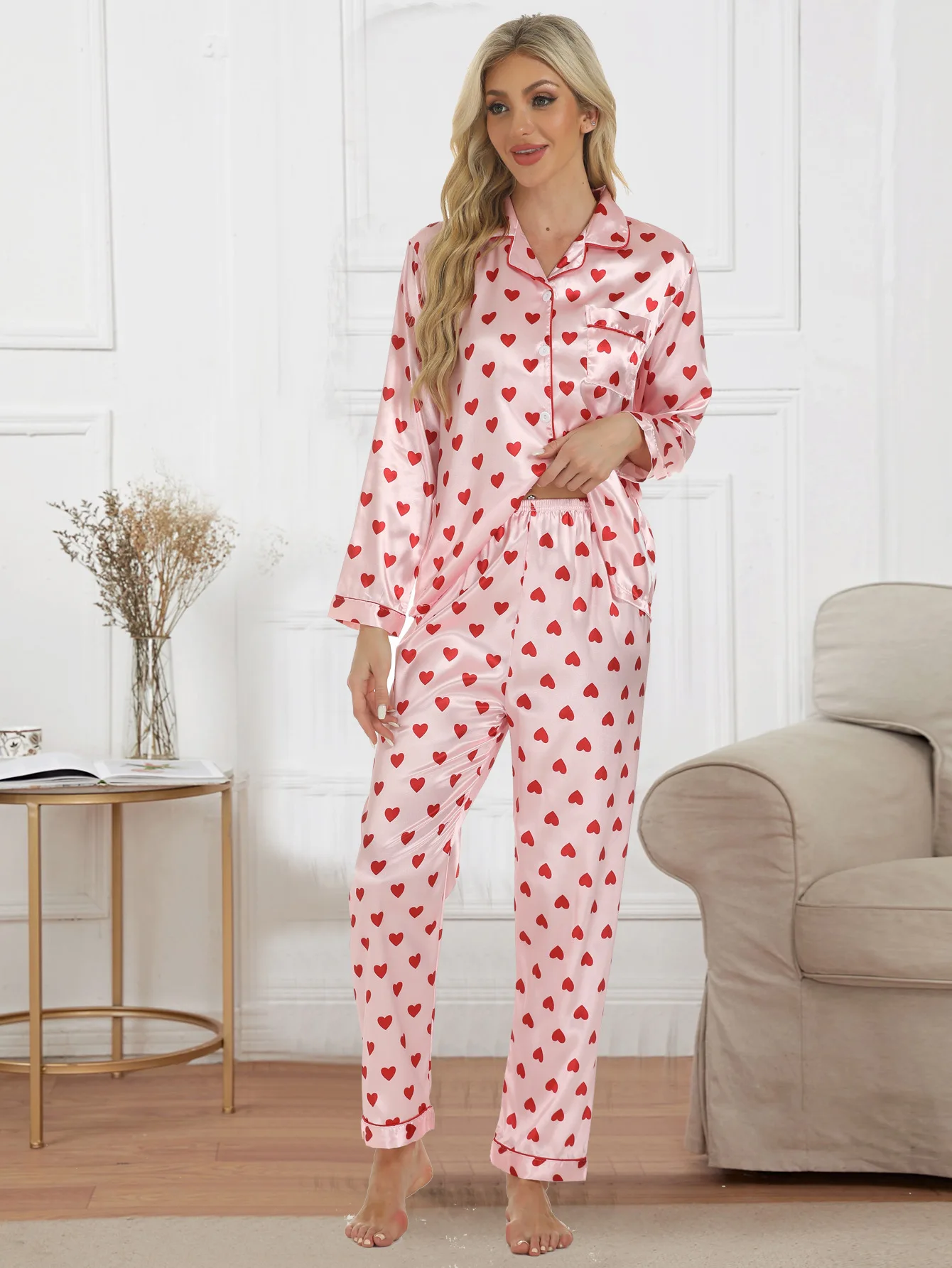 Women's Autumn and Winter Pajamas Set Heart Shape Leopard Print Long Sleeve Button Closure Top Satin Loose Home Clothes