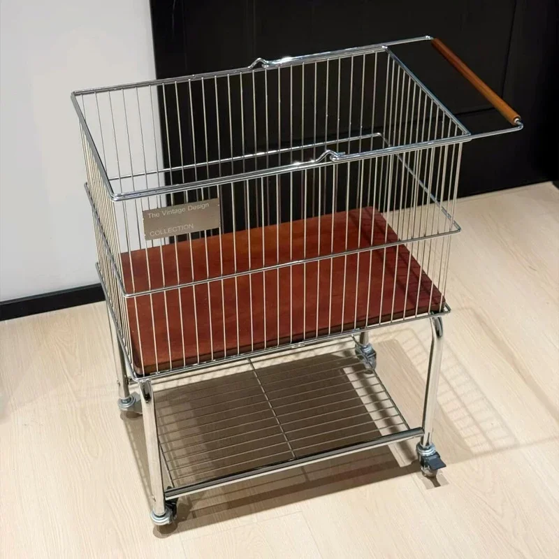Vintage Stainless Steel Laundry Basket, Dual-Layer Clothes Storage Bin, Bathroom Home Hamper, Mobile Cart Organizer