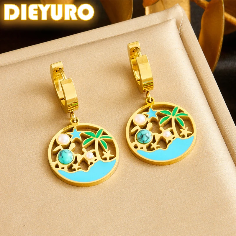 DIEYURO 316L Stainless Steel Coconut Tree Turtle Pearl Circular Hollow Out Earrings Women New Current Ear Jewelry Gift Party