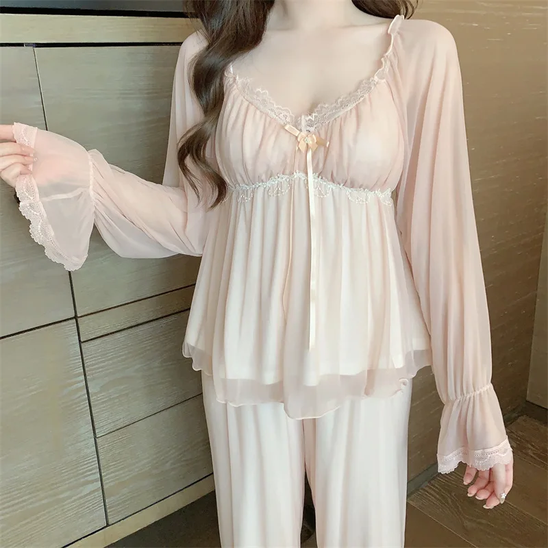 2Pcs Pajamas Suit Spring Summer Long Sleeve Top&pants Pijamas Set Lingerie Women Satin Sleepwear Nightwear Home Clothes