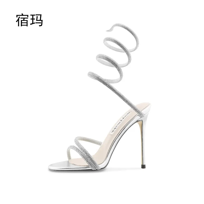 

Silver spring serpentine winding high heels 2025 new stiletto open-toe fashion temperament fairy style single shoes