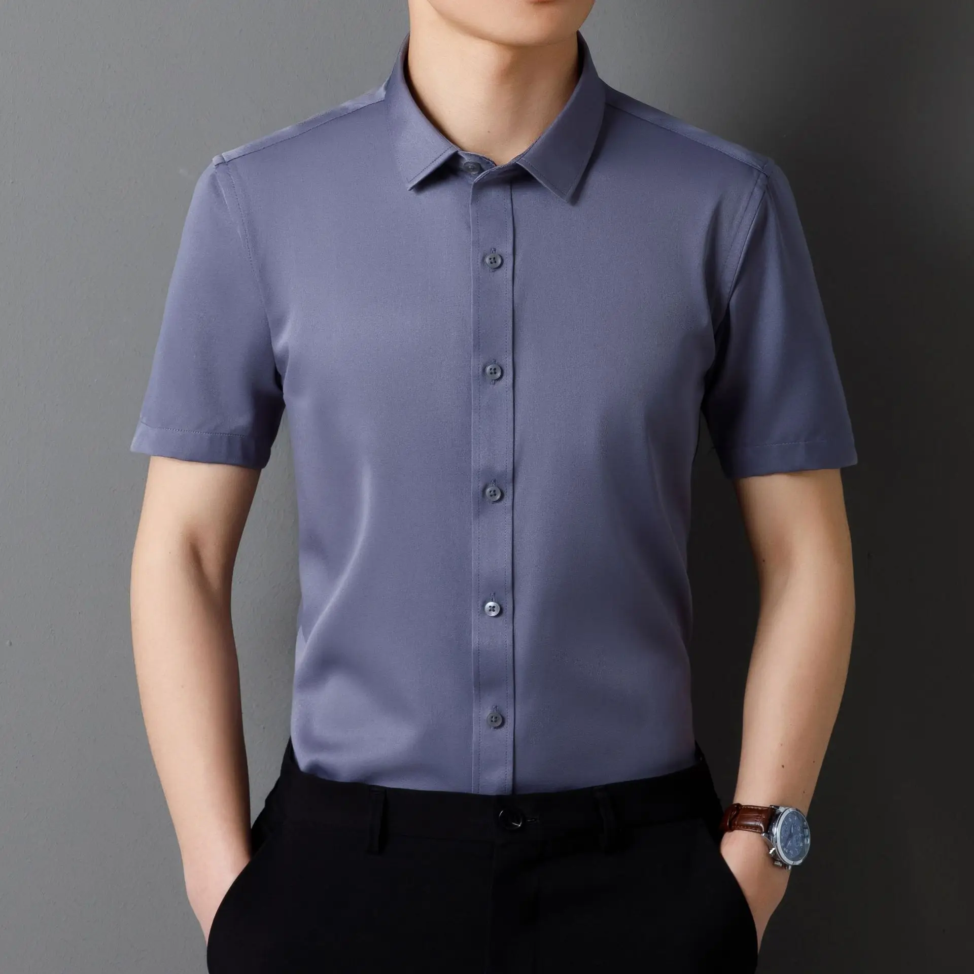 Chemise artificiel astique à Quatre Côtés pour Homme, Sans Fer, Coupe Slim, Couleur Unie, Sans Poche, Printemps