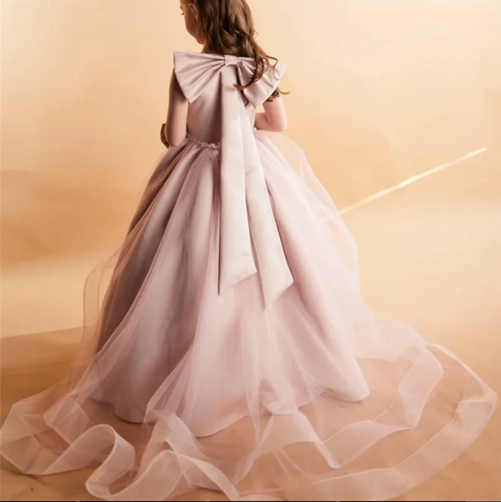 Square Neck Sleeveless A Line Pleat A Line Flower Girl Dress Floor Length Sweep Train Long Ball First Communion Gown Customized