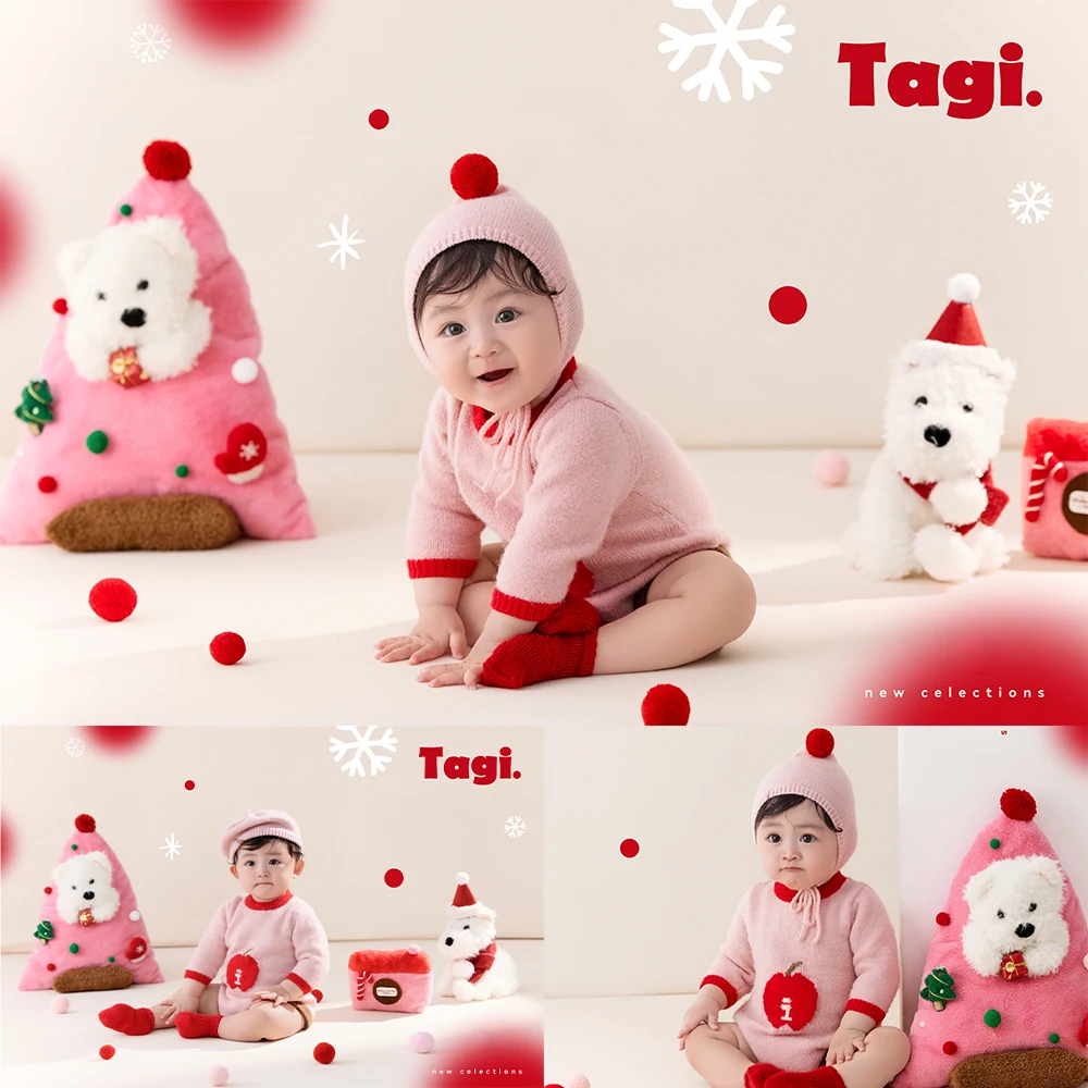 Pink Christmas Photography Props Kit Knitted Photo Costume Plush Xmas Tree Dog Doll Studio Xmas Holiday Theme Shoot Decorations