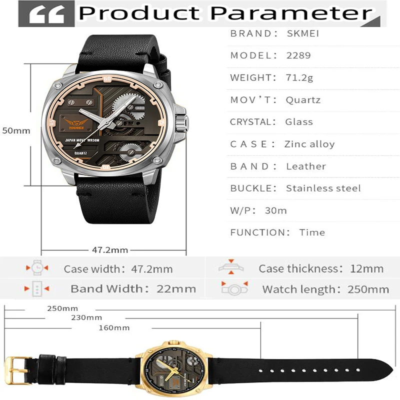 Skmei Men's Quartz Waterproof Watches Fashion Leather Strap Japan Movement Analog Display Casual Wristwatch