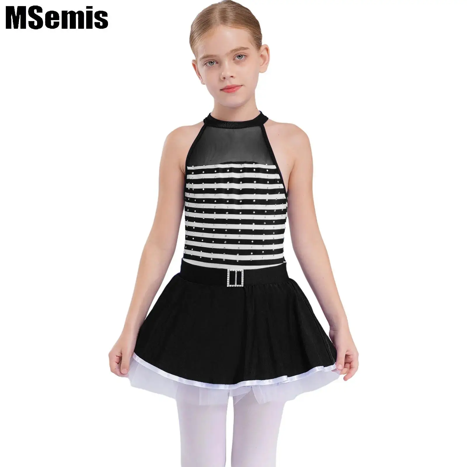 

Kids Girls Patchwork Striped Dance Dresses Shiny Rhinestones Tutu Dress Sleeveless Keyhole Back Sheer Mesh Dancewear