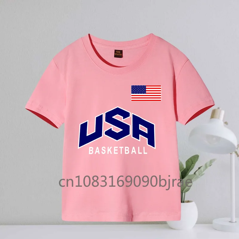 Summer Children USA Letter pattern Print Casual T-shirt 100% Cotton Round Neck Short Sleeve Comfy Boy's Streetwear Tops Clothing