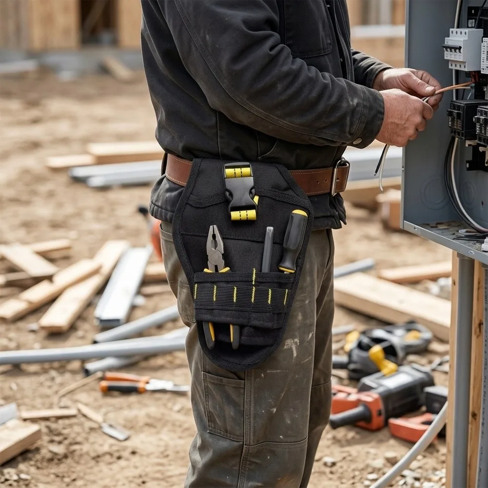 Black Waterproof Tool Bag for Electricians Wrench Organizer with Multi Pocket Design 30x26x2cm Oxford Material