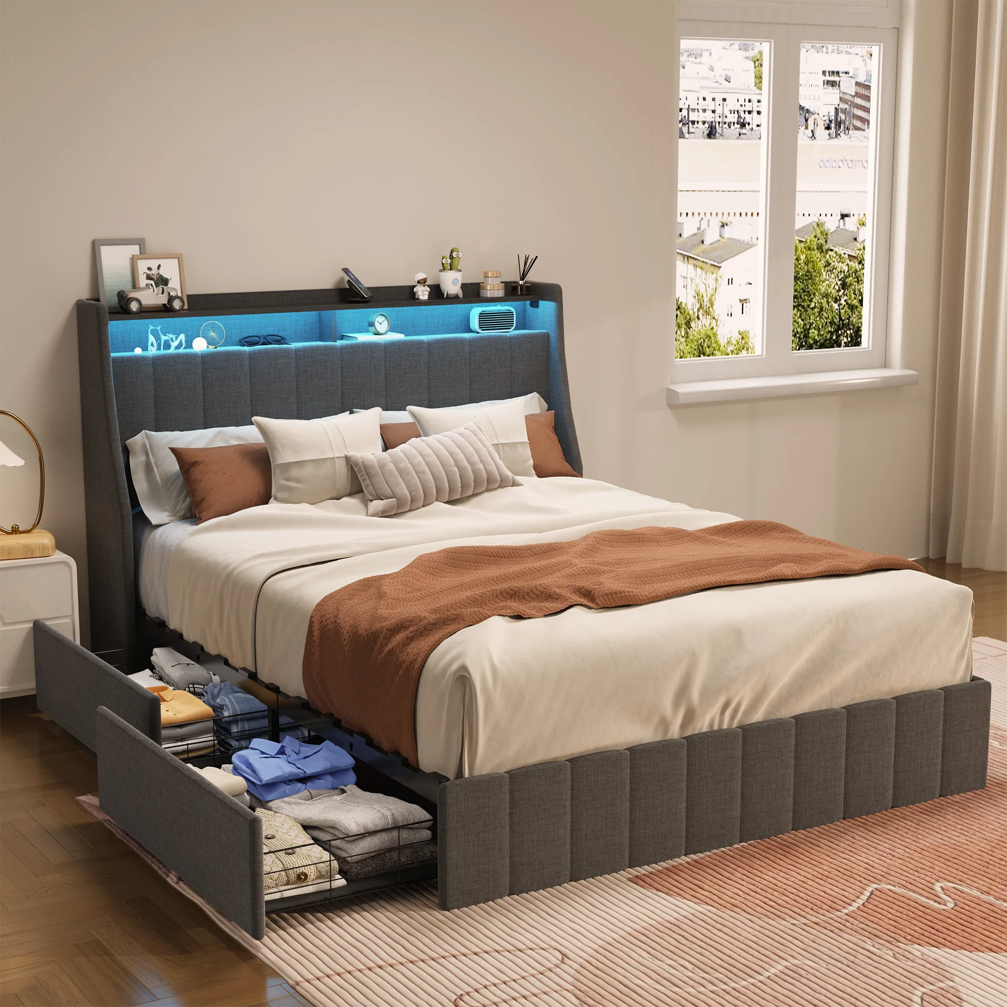 

Queen Size Bed Frame with LED, 4 Storage Drawers, Wingback Headboard, Dark Grey 84.20x62.60x41.30 in.