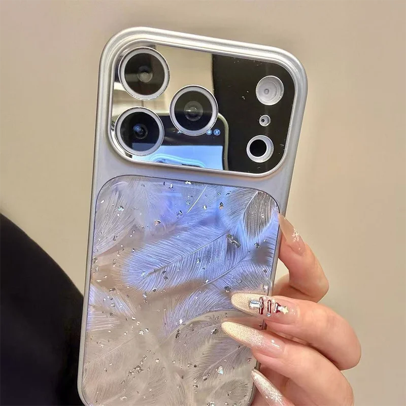 

For iPhone 14 15 Pro 16 17 Pro Max Case Luxury Silver Feather Back Cover Hard Shockproof Cover