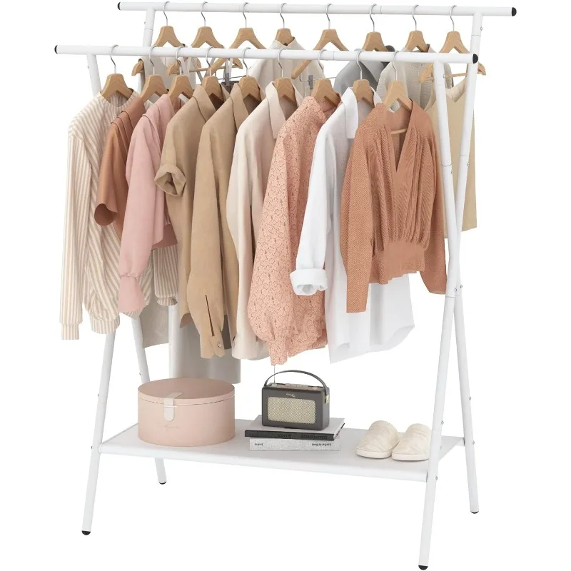 Double Rods Clothing Racks for Hanging Clothes,Portable Clothing Hanging Garment Rack with Bottom Oxford Cloth Shelves