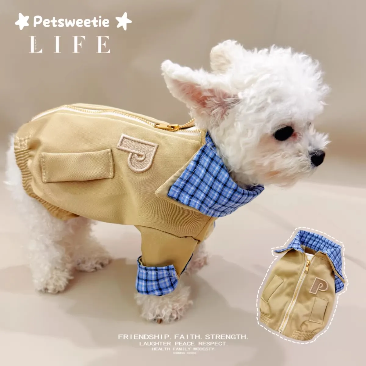 

Fashionable Pet Windbreaker | Khaki Dog Jacket with Plaid Collar and Pocket Detail for Spring & Fall