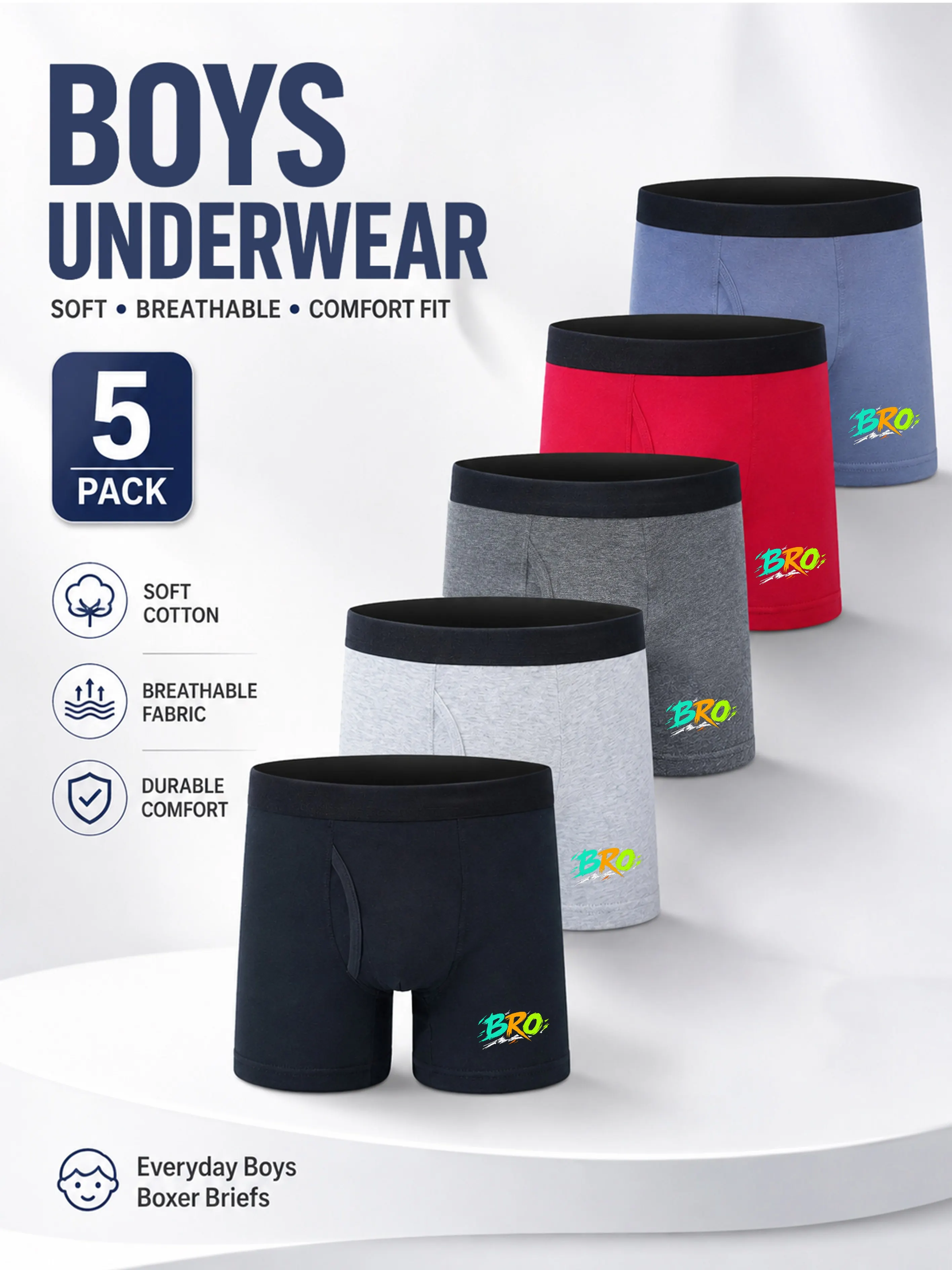 5 Pack 95% Cotton 5% Elastane Boys Open Fly Boxer Briefs BRO Letter Print Kids Soft Underwear For Boys