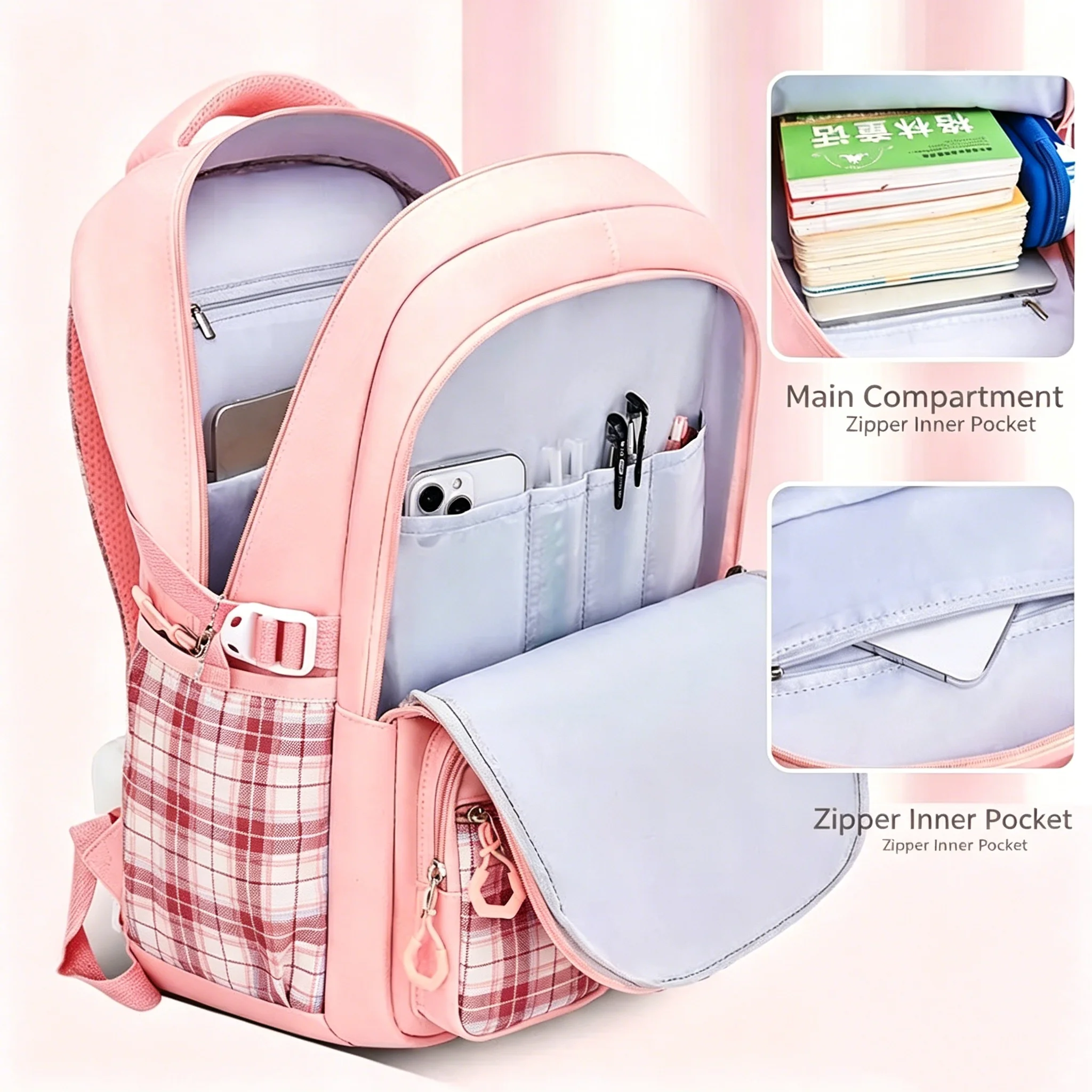 Protecting The Spine Ergonomics Elementary School Students Girls Checkered Backpack Large Capacity Lightweight Waterproof