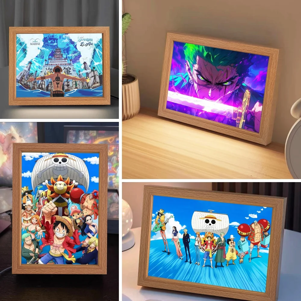 

One Piece LED Anime Figure Light Painting Photo Frame Zoro Luffy Led Night Light Birthday Bedroom Decor Christmas Gift Moon Lamp