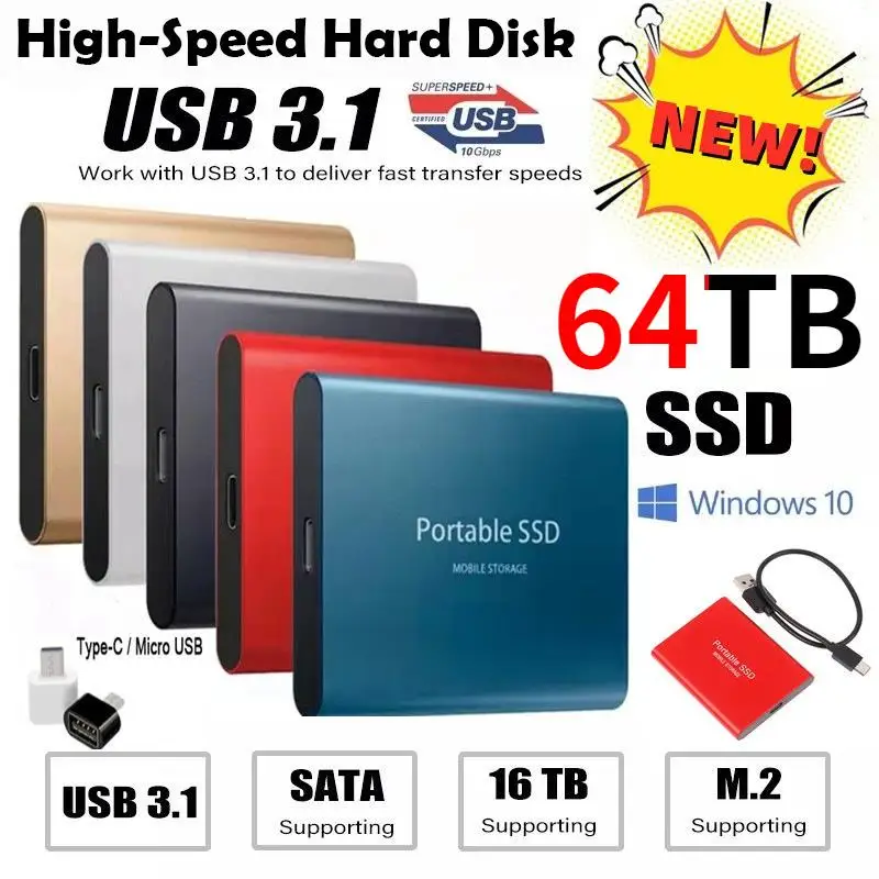 Top SSD External Flash Drive Type-C USB3.1 2TB 8TB 16TB SSD Drive Portable 64TB Mini Slim High Speed Transfer External Flash