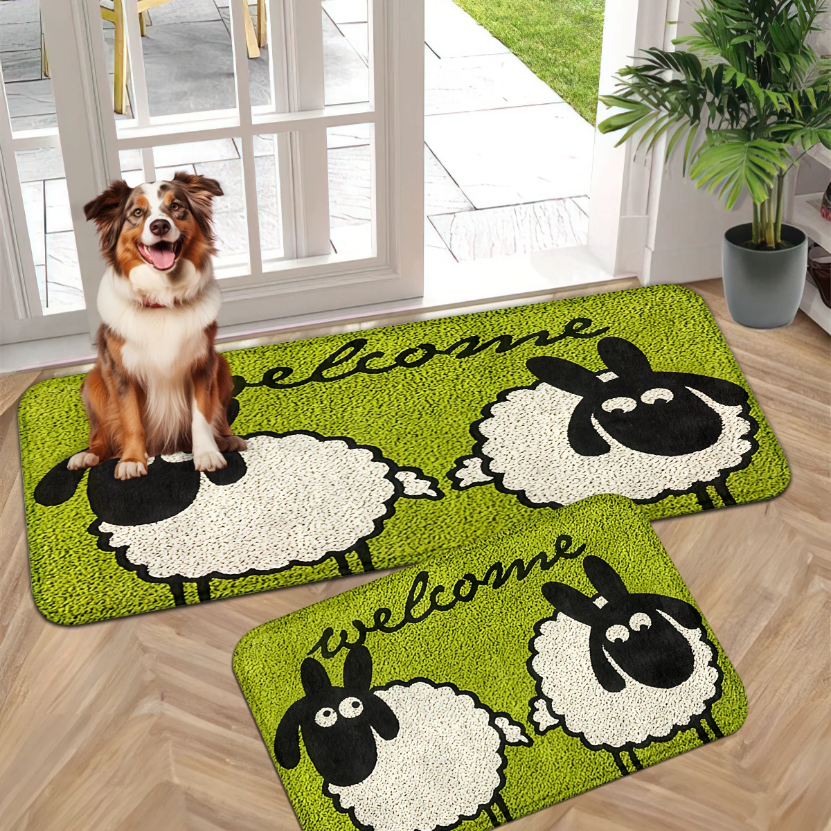 Cute Cartoon Print Mat, Minimalist Door Mat, Farm Animal Rug, Lamb Welcome Text Green Blue Decor Set