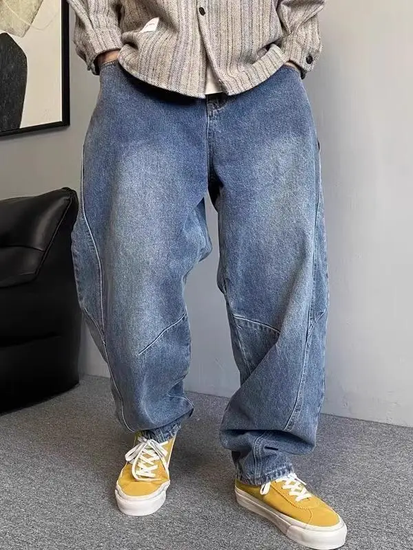 Retro Washed American Casual Men's Jeans Large Size Straight Loose Fit Cone Shape Trendy Straight Leg Jeans Youth Popular