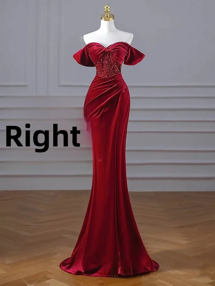 

Red Velvet One-oulder Wedding Dr Ele Fi-Tail Evening Gown for Engagement Parties Bridal Dres Vintage Sle Long...