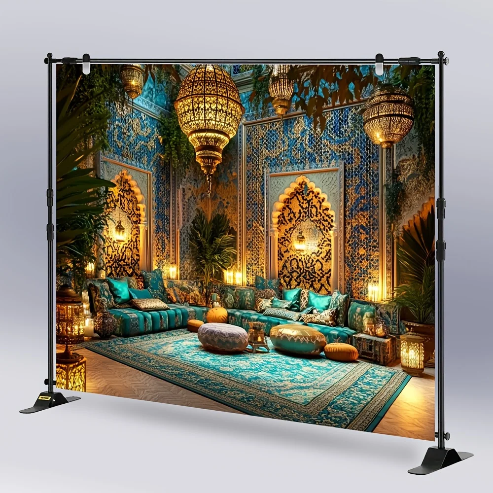 An elegant Moroccan lantern scene background - polyester fiber, multi-functional, with complex blue, gold and white patterns