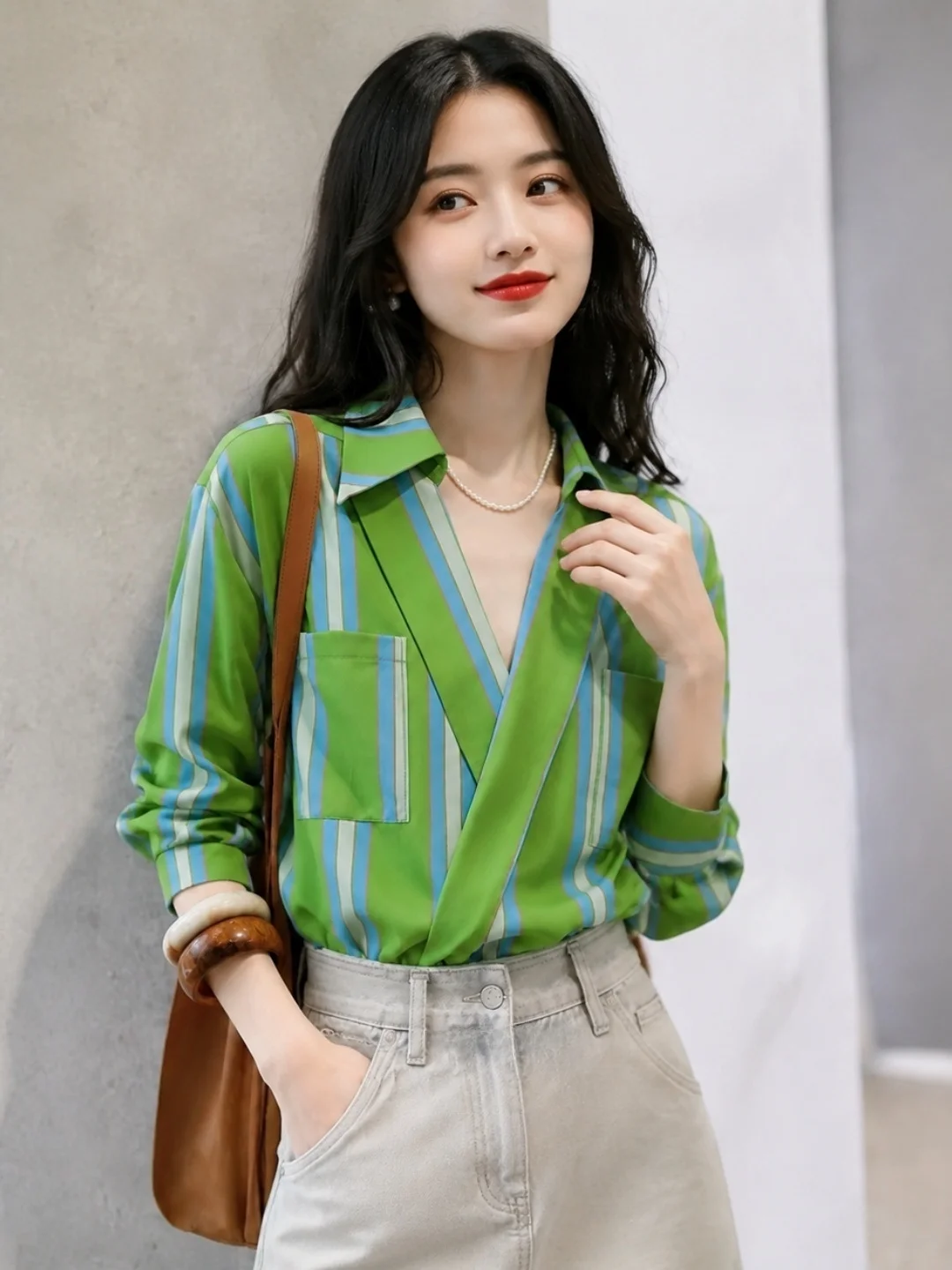 Trendy Striped Loose Women's Shirt Color Block Fashionable Summer Top Korean Style Commute Wind Casual Five Sleeve Length