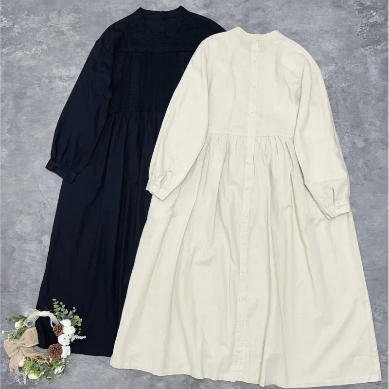 Johnature 日本のカットアウトレースコットンリネンドレス秋の新フレンチカジュアルルーズ女性ドレス 2025 新しい