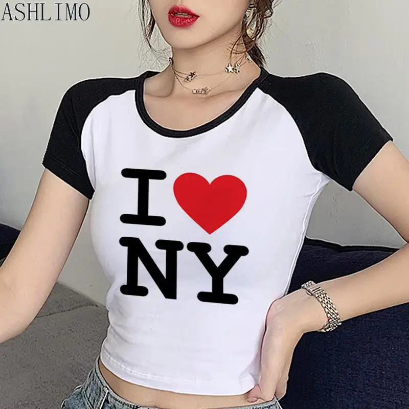 Eu amo ny carta impressão streetwear estética do bebê das mulheres camiseta vintage casual manga curta y2k roupas emo menina colheita topo