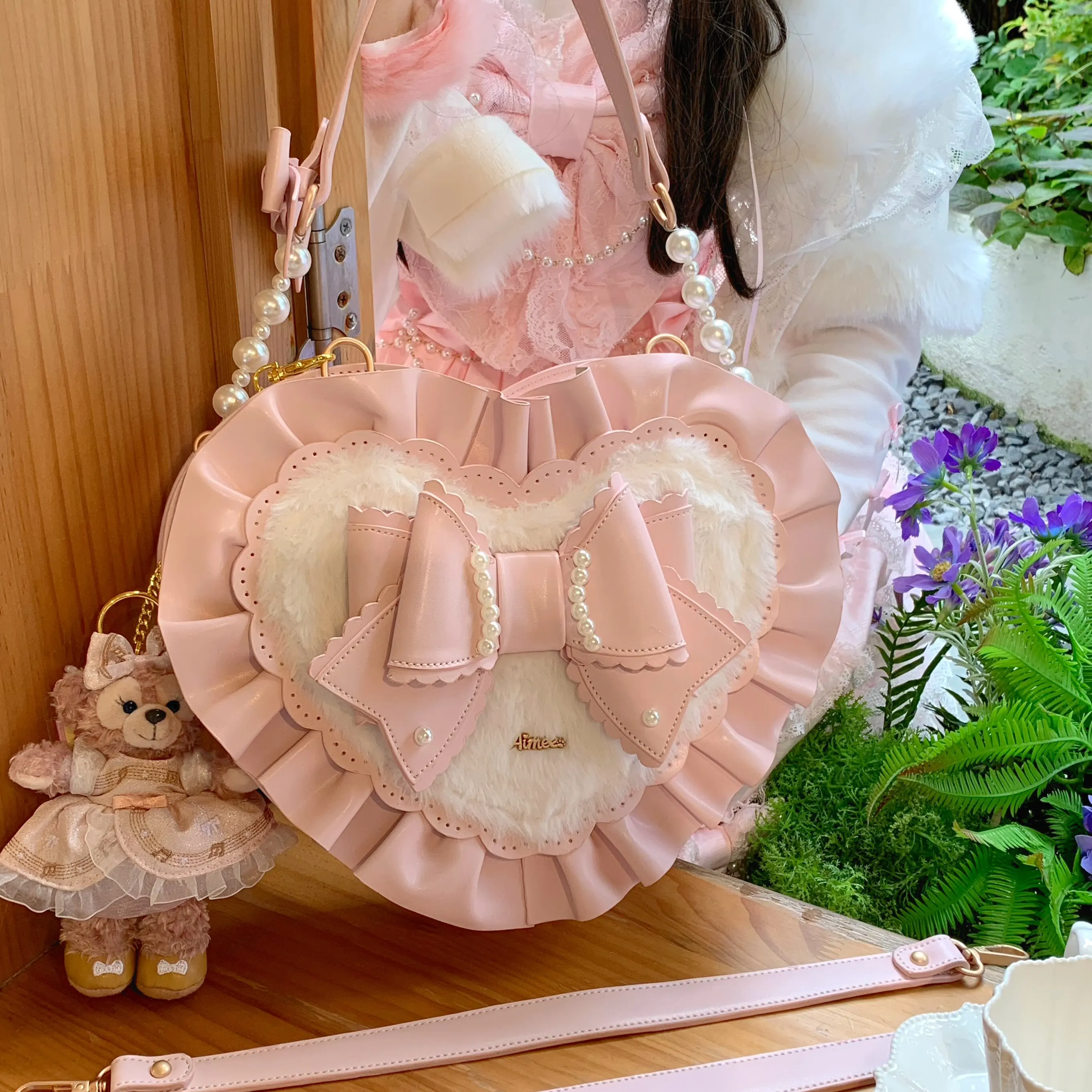Sweet Pink Heart Shape Lolita Bag With Bow Plush  Original Kawaii Crossbody Handbag For Women Perfect For Sweet Lolita Fashion view 6