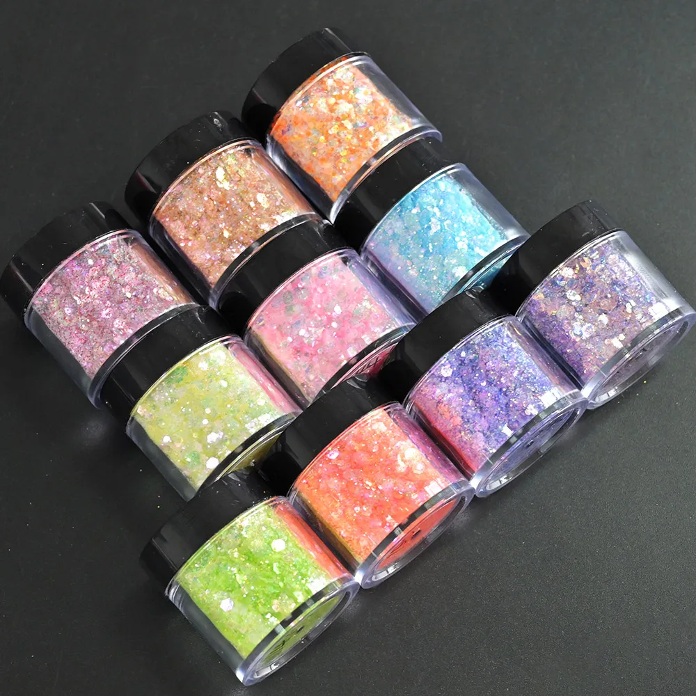 10 Colors 50g/Bag Nail Sparkly Glitter Gradient Sequins Loose UV Gel Mixed Glitter Holographic Powder Holo DIY Glitter Cosmetic