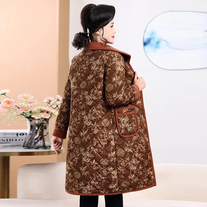 Fleece Jacket For Women Floral Cotton Coat Middle-Aged And Elderly Mothers Thick Medium Length Winter Outerwear