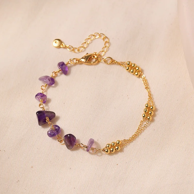 JINDOOR 18K Gold-Plated Natural Amethyst Crystal Bead Bracelet – Unique Feng Shui Design with Round Beads for Positive Energy