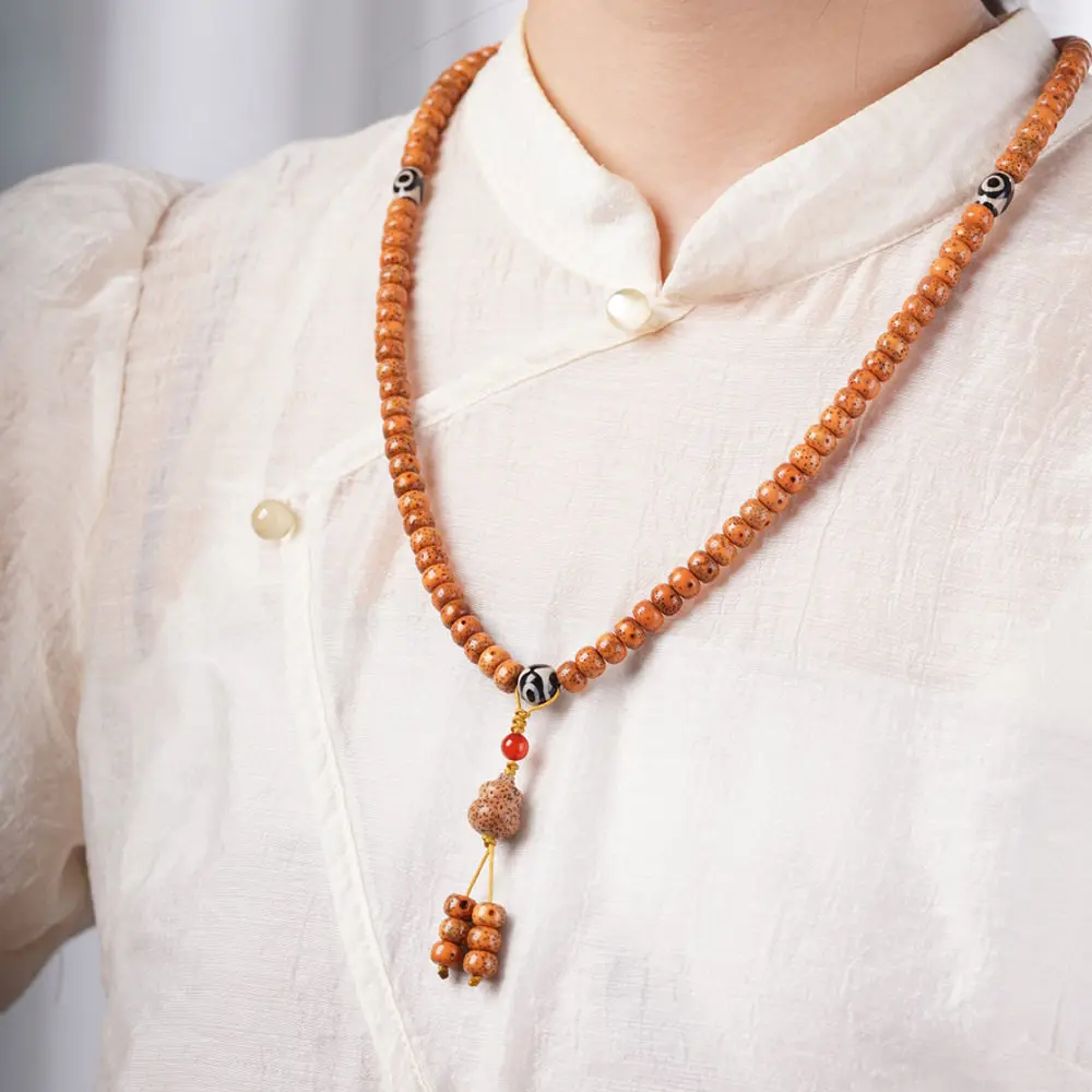 Natural Chicken Fat Yellow Xingyue Bodhi 6×8mm 108 Beads w/ Three Eye Agate Dzi Beads: Meditation & Gift Prayer Beads