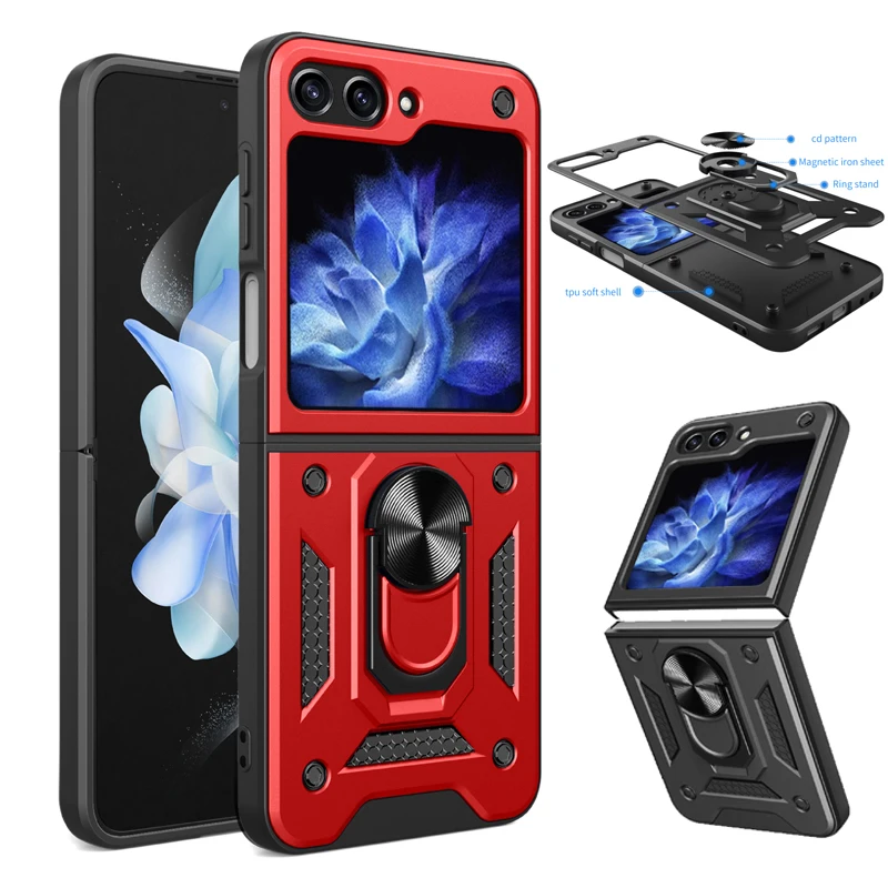 For Samsung Galaxy Z Flip6 Flip 5 4 3 Case Cover Slide Camera Lens Protective Armor Shockproof Magnetic Ring Holder Cases Bumper