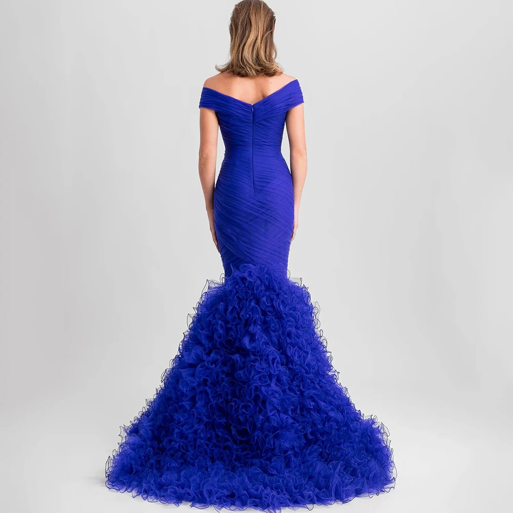 Vestido de noche largo hasta el suelo de sirena azul real con cuello en V y hombros descubiertos plisado y volantes vestidos formales de fiesta personalizados para mujer