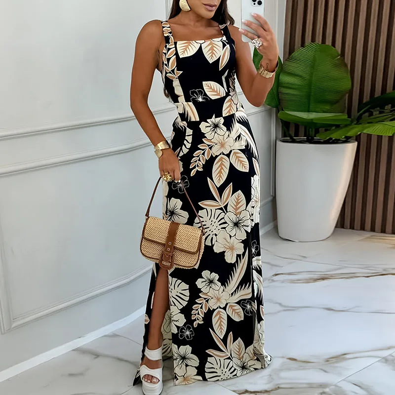 Black Leaf Print Camisole Beach Dress Retro Square Neck Sleeveless High Waist Long Dress Women Fashion Backless Split Boho Dress