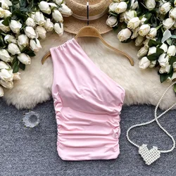 Chic Retro asymmetrical pleated French Fashion Tank Top Slim Crop Top Sexy Women Summer Diagonal collar Camis