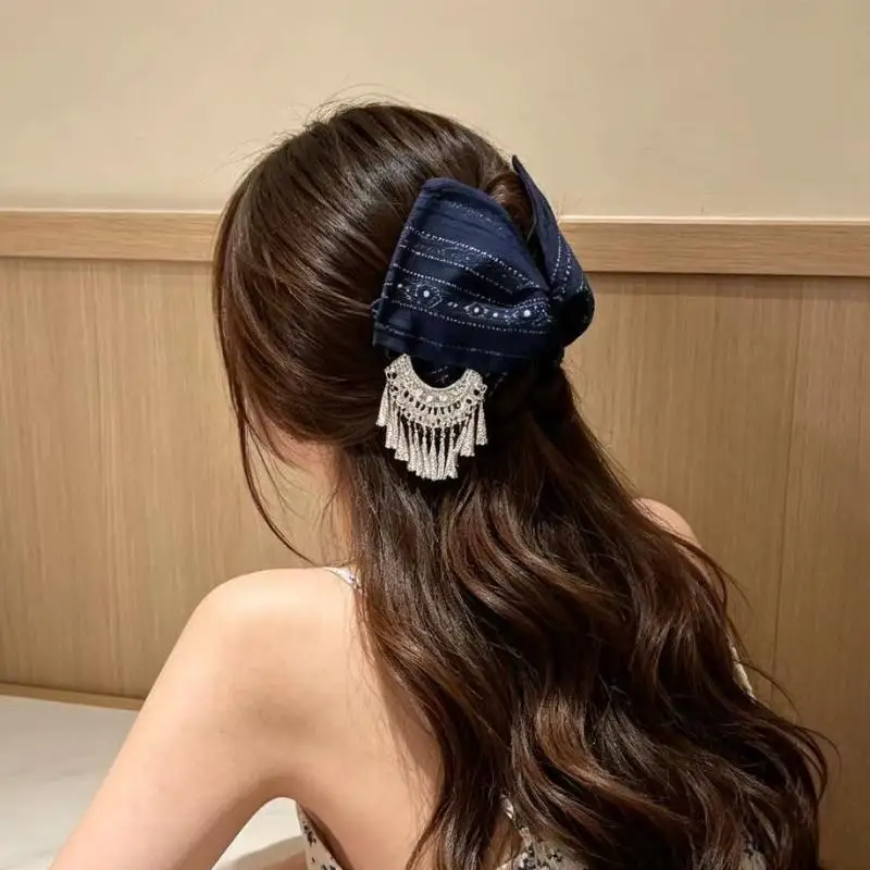 Ethnic Hair Claw Clip Navy Blue Silver Tassel Soft Fabric Secure Grip 1Pcs for Christmas Thanksgiving Hair Decorations
