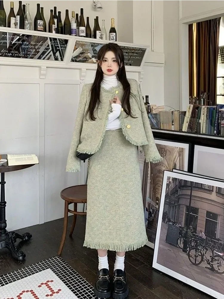 

Insozkdg Women Suit Fashionable Little Fragrant Style Long-sleeved Single Breasted Blazer + High-waist A-line Skirt 2-piece Suit