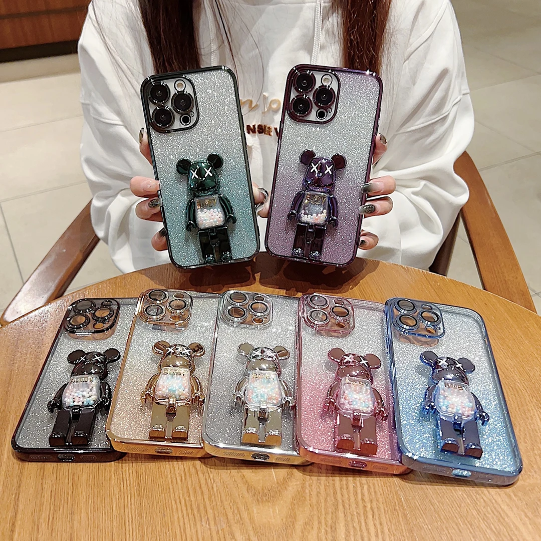 Luxury Plating Candy Bead Bear Holder Case For iphone 15 14 12 11 13 Pro Max X XR 7 8 Plus SE 3 Gradient Glitter Silicone Cover