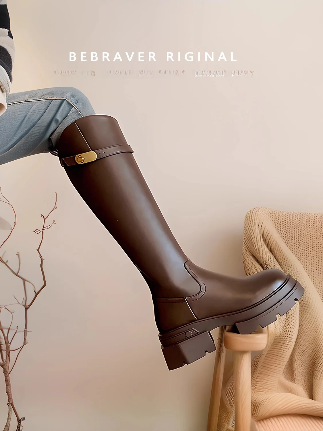Genuine Leather Belt Bule High Top Boots Women's Autumn Win…