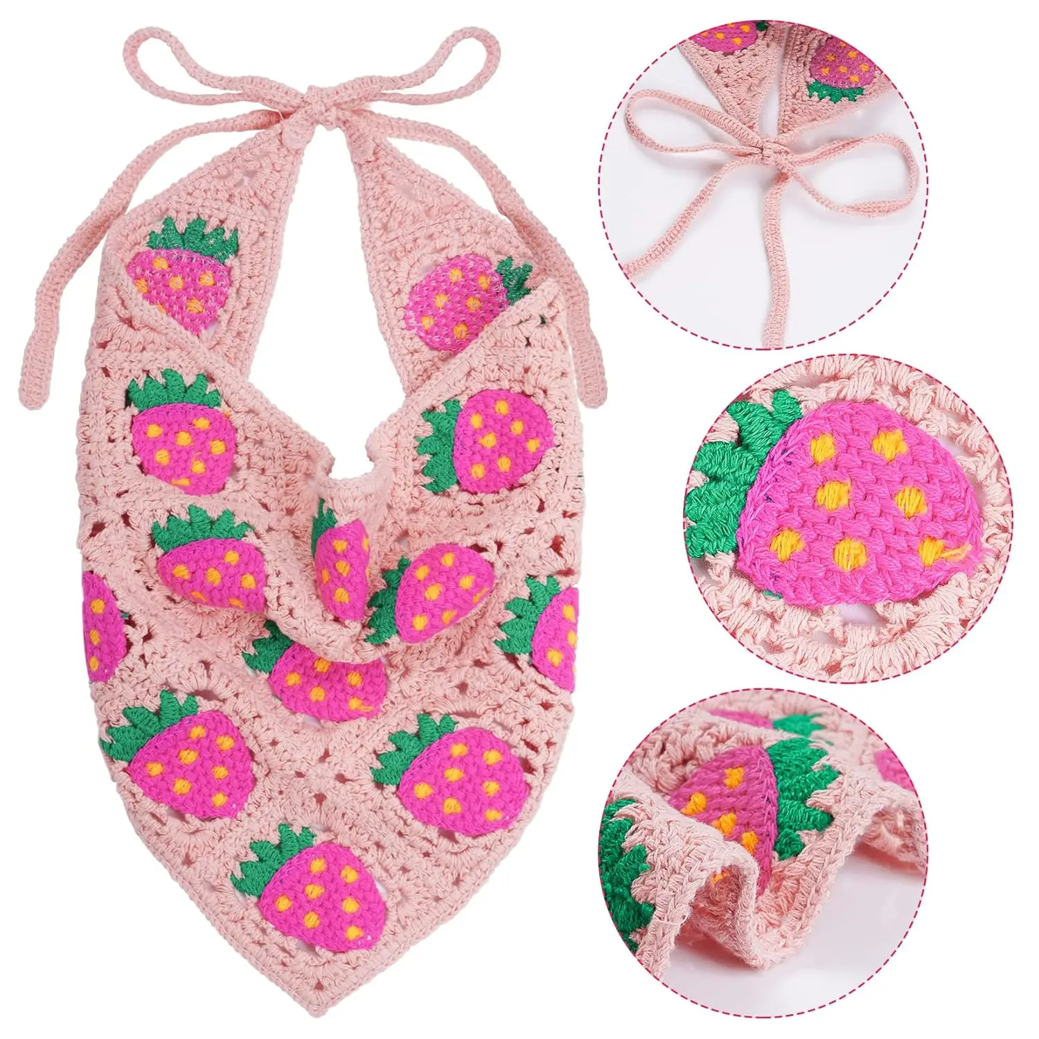 Damen-Dreiecksschal aus Strick, Erdbeer-Haarband, süße Mädchen-Accessoires, gehäkelter Kopfschal – Detail 2