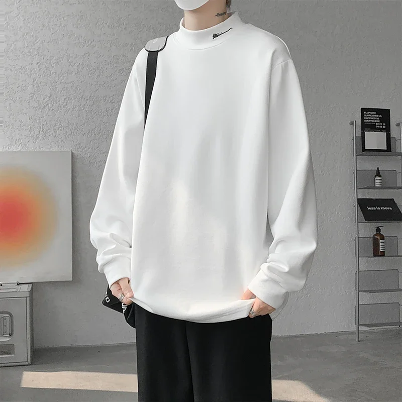 

Pop Winter Thick Long Sleeved T-shirt Men Warm Fashion Casual White T Shirt Men Korean Loose Stand Up Collar T Shirt Mens Top M-